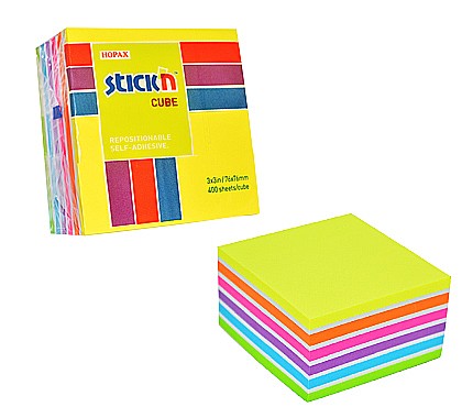Cuburi din hartie - Cub notes autoadeziv 76 x 76 mm, 400 file, Stick"n - neon/pastel asortate