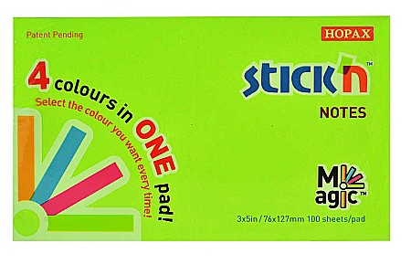 Notesuri  adezive - Magic notes autoadeziv 76 x 127 mm, 100 file, Stick"n Magic Notes - 4 culori neon