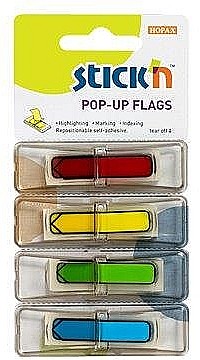 Indecsi si separatoare - Film index autoadeziv 45 x 12mm, 4 x 30 file/set, cu dispenser, Stick"n Pop-up - sageata - V/G/R/A