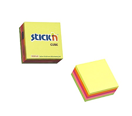 Cuburi din hartie - Cub notes autoadeziv 51 x 51 mm, 250 file, Stick"n - 5 culori neon