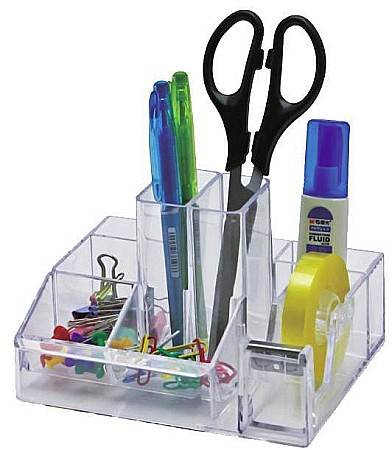 Suporti pentru articole de birou - Suport plastic pentru accesorii de birou, 8 compartimente, 148 x 87mm, KEJEA - transparent
