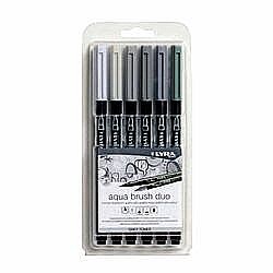 Carioci - Markere LYRA Aqua Brush Duo, 2 capete (brush + 1mm), 6 culori in tonuri de gri/blister