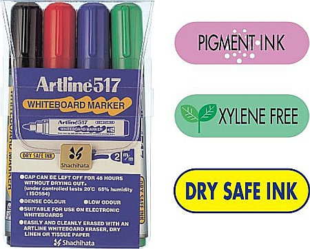 Markere pentru table si flipchart-uri - Marker pentru tabla de scris ARTLINE 517 - Dry safe ink, varf rotund 2.0mm, 4 culori/set