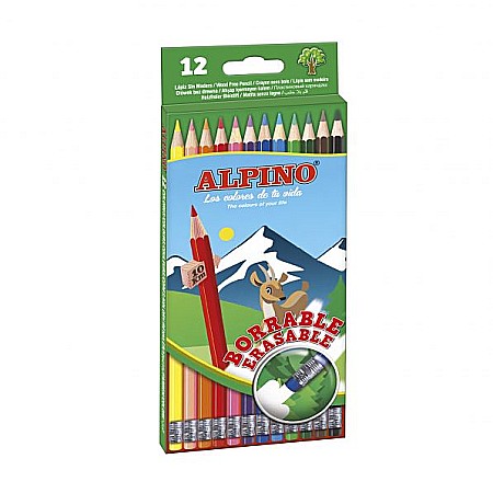 Creioane colorate - Creioane colorate cu guma, cutie carton, 12 culori/set, ALPINO Erasable