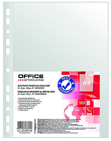 Folie protectie pentru documente A4, 30 microni, 100folii/set, Office Products - cristal