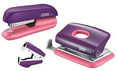 Capsatoare si capse - Set RAPID capsator F5, 10 coli, perforator FC 10, 10 coli si decapsator, blister - mov/piersica