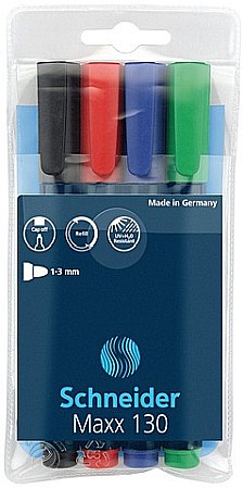 Permanent marker SCHNEIDER Maxx 130, varf rotund 1-3mm, 4 culori/set - (N, R, A, V)