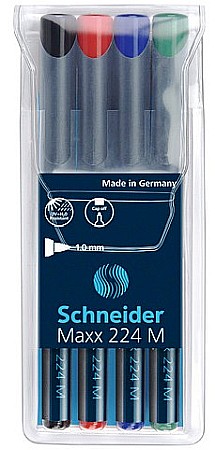 Markere universale - Universal permanent marker SCHNEIDER Maxx 224 M, varf 1mm, 4 culori/set - (N, R, A, V)