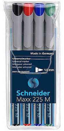 Markere universale - Universal non-permanent marker SCHNEIDER Maxx 225 M, varf 1mm, 4 culori/set - (N, R, A, V)