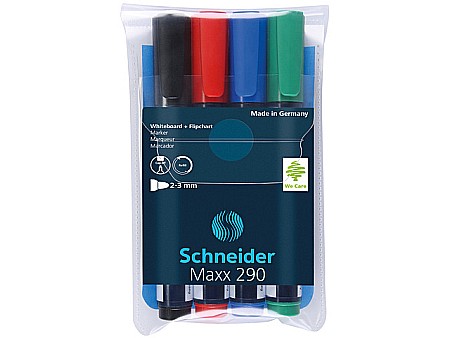 Marker SCHNEIDER Maxx 290, pentru tabla de scris+flipchart, varf rotund 2-3mm, 4 cul/set - (N,R,A,V)