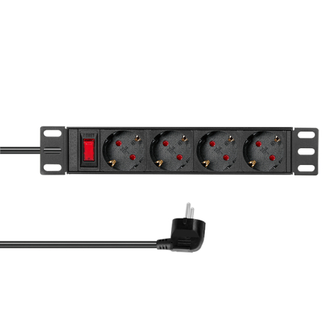 RACK - SCHRACK - PDU 10", 4X SCHUKO, 1U, CABLU 2M, COMUTATOR, NEGRU, ALU
