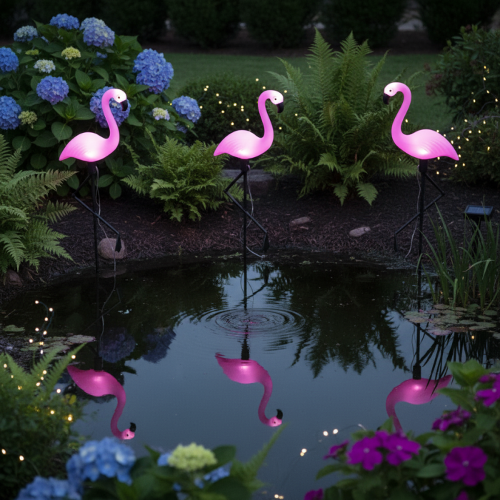 Set 3 x Figurine Flamingo Solare pentru Grădină cu LED-uri, Panou Solar și Senzor de Lumină, Rezistente la Intemperii [2]