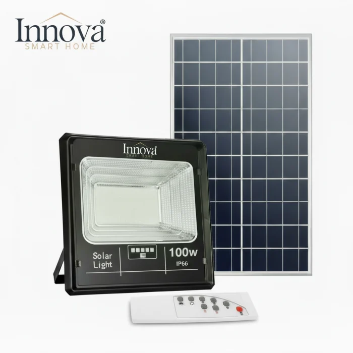 LAMPI SOLARE STRADALE - Proiector Solar Innova 100W , IP66 , Indicator Batarie , Telecomanda , 6500k , 3 Ani Garantie