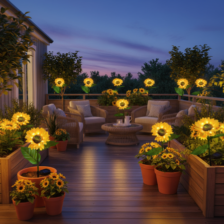 LAMPI SOLARE DECORATIVE - Set 2 x Lămpi Solare LED tip Floarea Soarelui pentru Grădină, 10 Micro-LED-uri, Înălțime 70 cm, IP65, Iluminare Automată cu Senzor