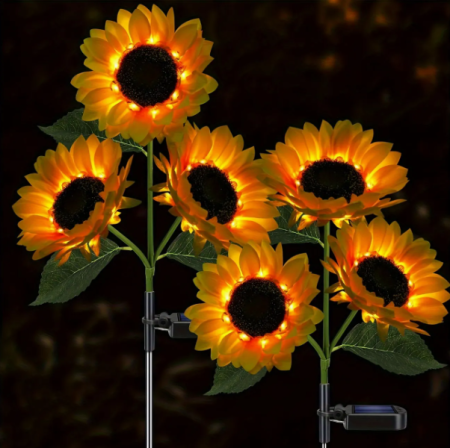 LAMPI SOLARE - Set 2x Lămpi Solare LED pentru Grădină cu 3 Flori tip Floarea Soarelui, 10 Micro-LED-uri pe Floare, Înălțime 70 cm, Rezistente la Intemperii, IP65