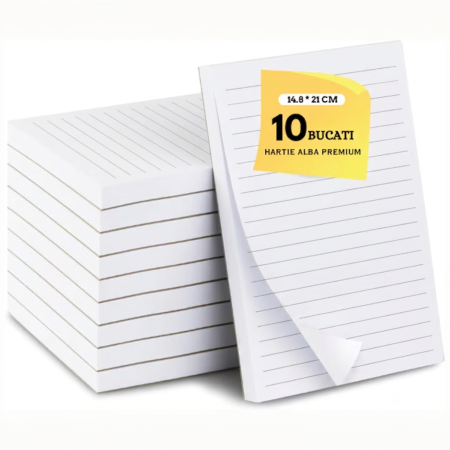 BLOCNOTES/MEMO PADS/ NOTEPADS - 10 x Bloc notes A5, Bloc notite - Set 10 Bucati x 50 File, Hartie Alba Dictando 80 gr, Lipire Premium