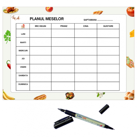 Tabla Magnetica Reutilizabila - Planificator pentru Organizarea Meniului Saptamanal + Marker Whiteboard cu Doua Capete inclus, Format A4 [1]