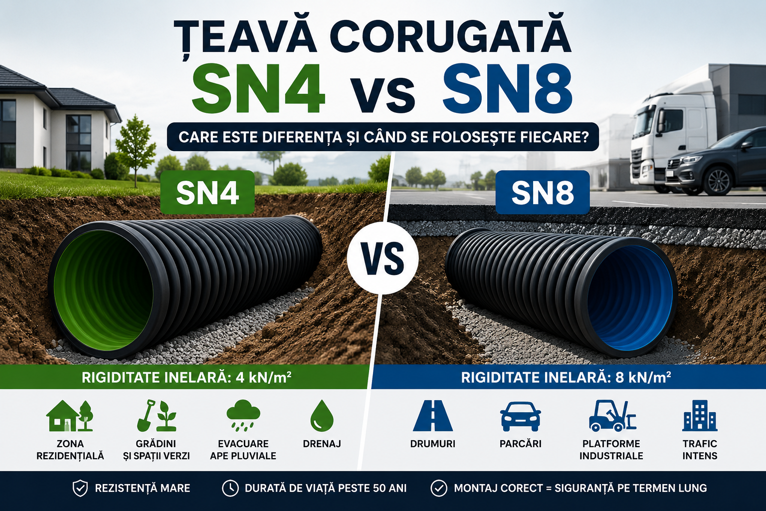 Țeavă corugată SN4 vs SN8 – Care este diferența și când se folosește fiecare?