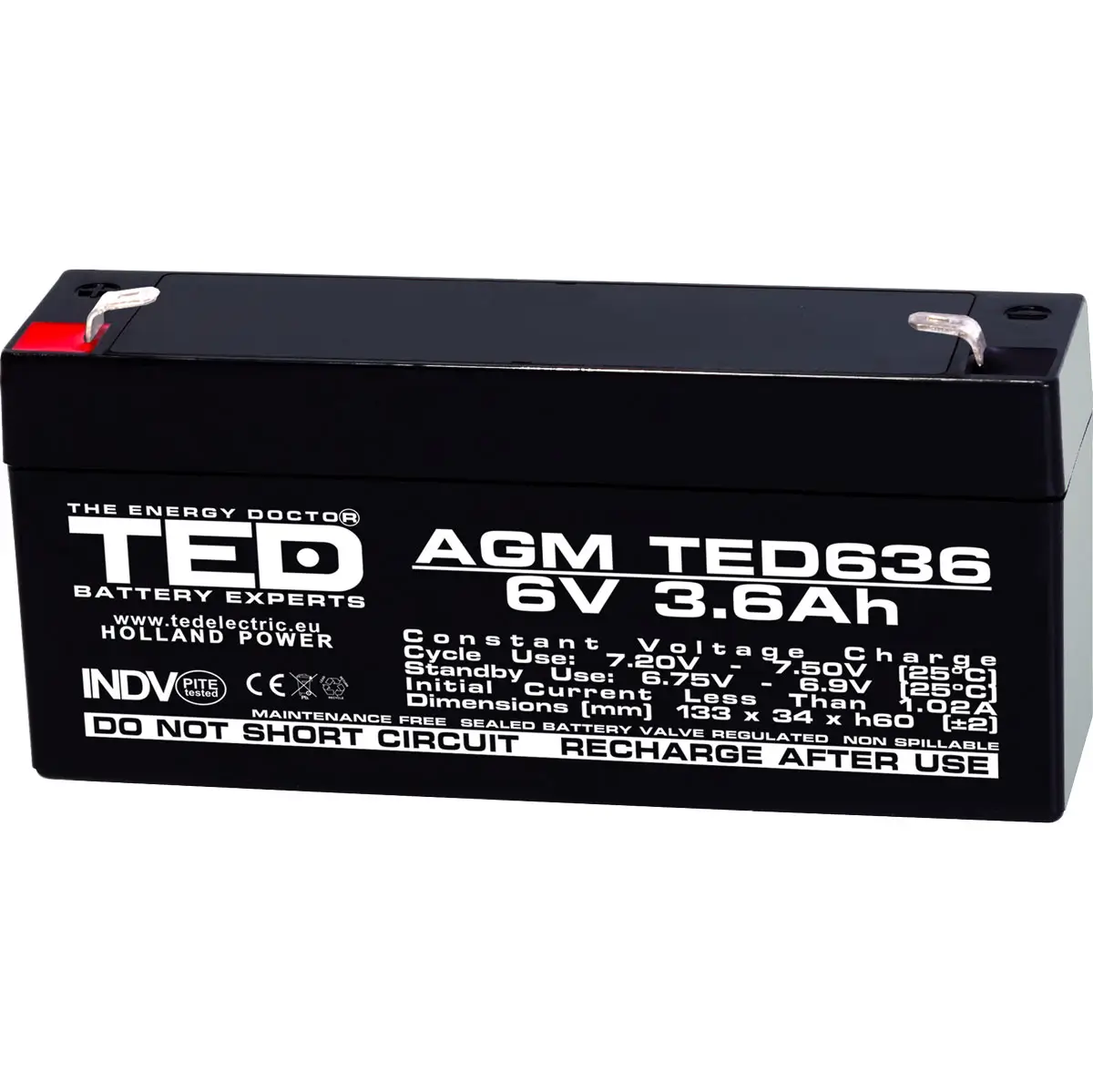 Electrice - Acumulator AGM VRLA 6V 3.6A 134x34xh60mm F1 TED Battery Expert Holland TED002891