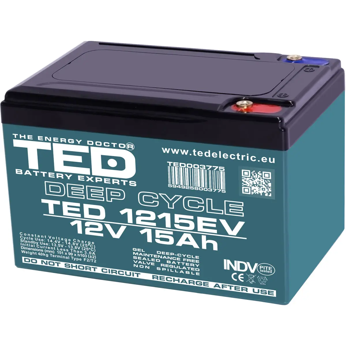 Acumulator - Acumulator AGM /VRLA 12V 15A Deep Cycle 151mmx98mmxh95mm pentru vehicule electrice M5 TED Battery Expert Holland TED003775 – IoElectronice.ro