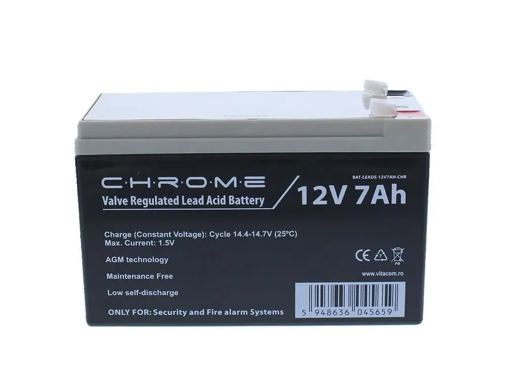 Acumulator - Acumulator plumb acid 12V 7Ah Chrome cu terminal T1/F1, rezistent la scurgeri, pentru sisteme de securitate, întreținere redusă