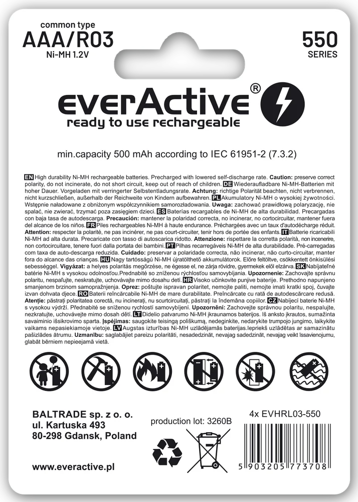 Acumulator Ni-MH AAA 550mAh, Reîncărcabil, EverActive, Ideal pentru Telecomenzi, Lanterne și Aplicații Casnice [4]