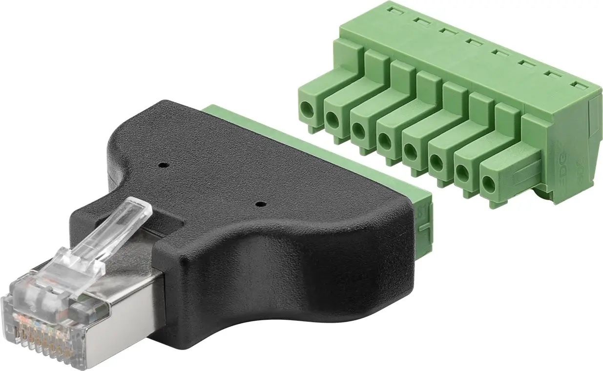 Mufe retea RJ45 - Adaptor bloc terminal 8 pini tip regletă șurub la RJ45 tata 8P8C Goobay 76736, compatibilitate rețea, 8P8C.