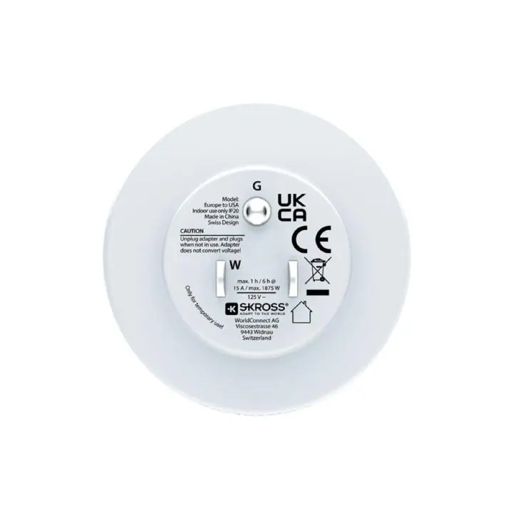 Adaptor de călătorie SKROSS Europa Schuko mama – SUA tata 16A 1.500203C-E, 15 Ah, compatibilitate internațională. [1]