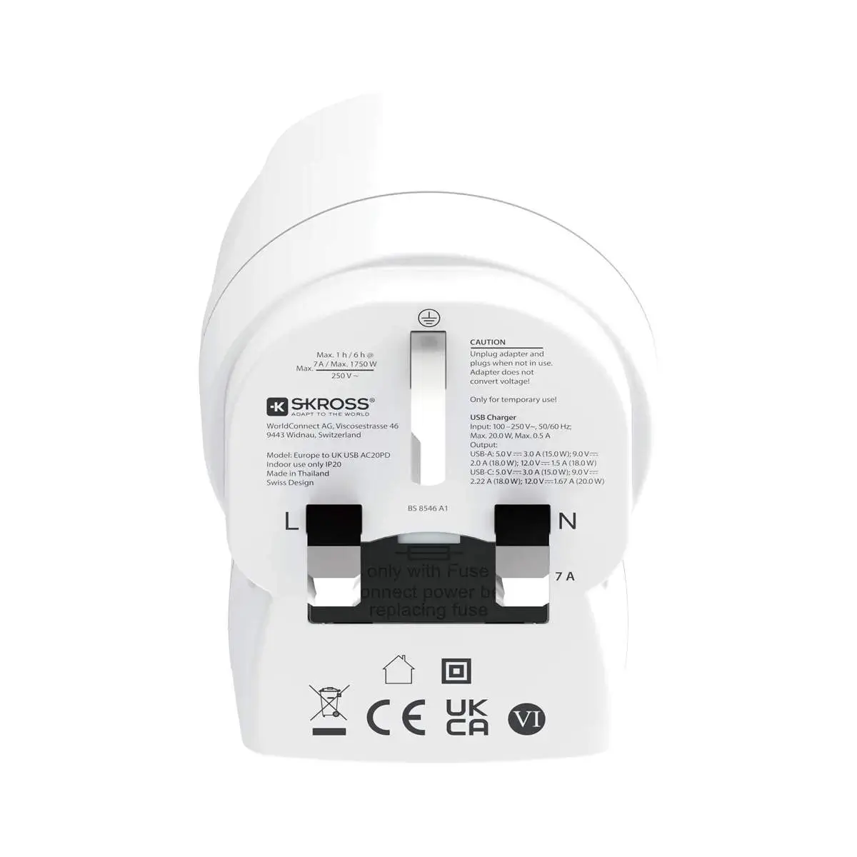 Adaptor priza Skross EU la UK USB-A USB-C 20W 1.500283-E alb 230V AC 100-250V AC [1]