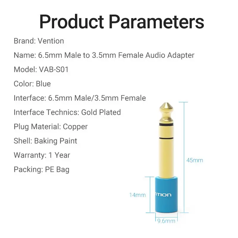Adaptor stereo audio Jack 3.5 mm mama - Jack 6.3 mm tata VENTION VAB-S01-L, conectori stereo, brand VENTION [2]