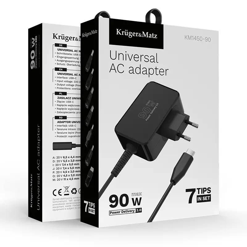 Alimentator 90W PD USB-C Kruger&Matz KM1450-90 cu 7 adaptoare, compatibil cu diverse dispozitive. [3]