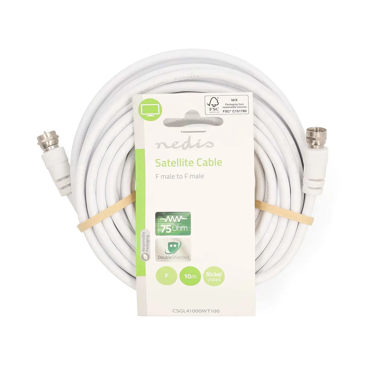 Cabluri - Cablu antenă F tata - F tata 10m dublu ecranat alb Nedis, coaxial, impedanță 75 Ω, rotund, CCS