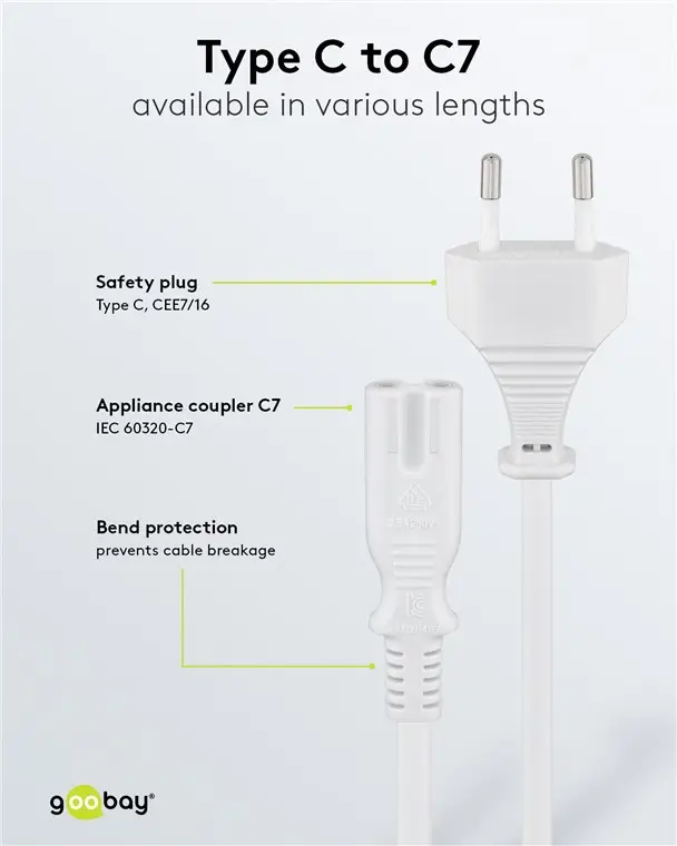 Cablu de alimentare Euro 2-pin 5m alb, compatibil cu aparate electronice și console de jocuri, priza C7, Goobay [3]
