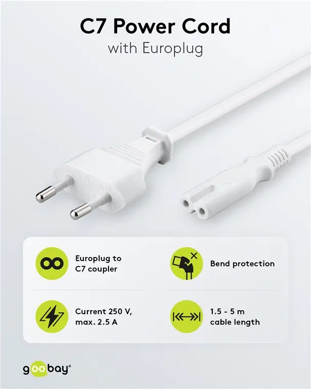 Cablu de alimentare Euro 2-pin 5m alb, compatibil cu aparate electronice și console de jocuri, priza C7, Goobay [2]