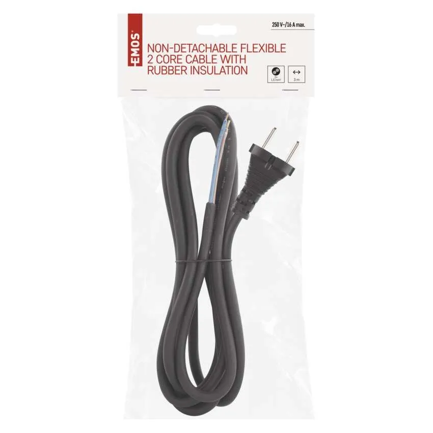 Cablu de alimentare EMOS S03330, nedetașabil, flexibil, izolație cauciuc, 2x1.5mm², lungime 3m, culoare negru. [2]