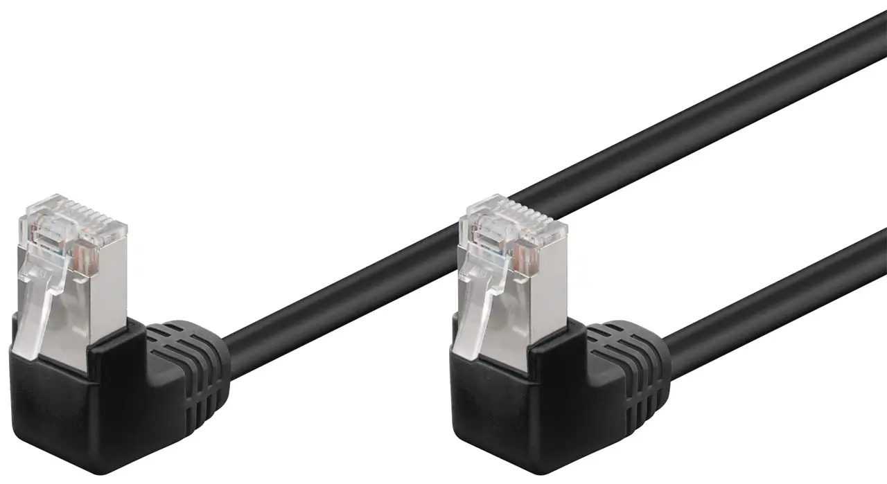 Cabluri retea RJ45 - Cablu Patch CAT5e 2x RJ45 90° FTP 0.5m Negru Ecranat cu Protecție la Îndoire 96077 Goobay – IoElectronice.ro