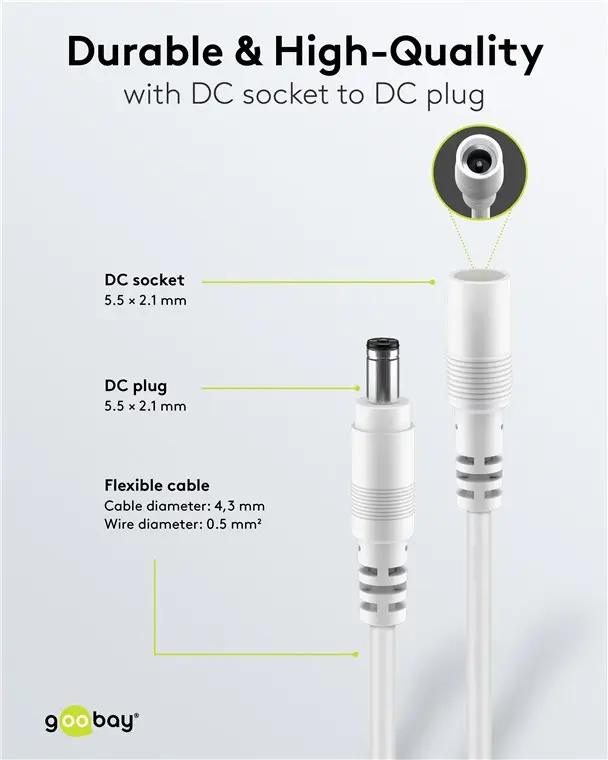 Cablu prelungitor DC 5.5/2.1 mufa - DC 5.5/2.1 soclu 5m 5A 2x0.5mm² cupru drept alb Goobay 76676 – IoElectronice.ro [5]