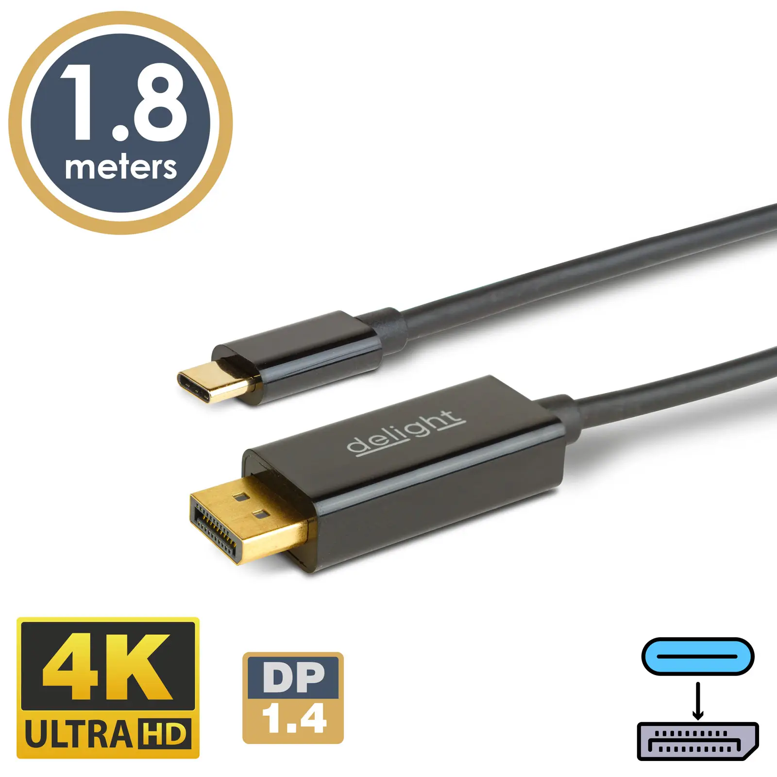 Cabluri telefon-tableta - Cablu USB-C la DisplayPort v1.4 4K 60Hz 1.8m delight 20335B – IoElectronice.ro