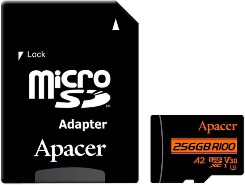 Carduri microSD - Card microSDXC UHS-I U3 V30 A2 Apacer 256GB R100 cu adaptor SD AP256GMCSX10U8-R – IoElectronice.ro