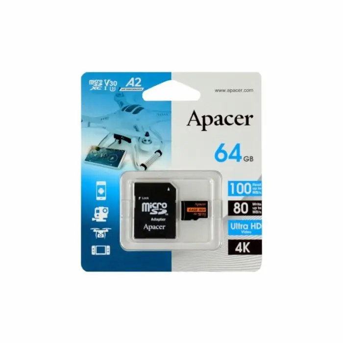 Card microSDXC UHS-I U3 V30 A2 Apacer 64GB - Viteză 100MB/s, Compatibil 4K, Durabilitate și Protecție Maxima [1]