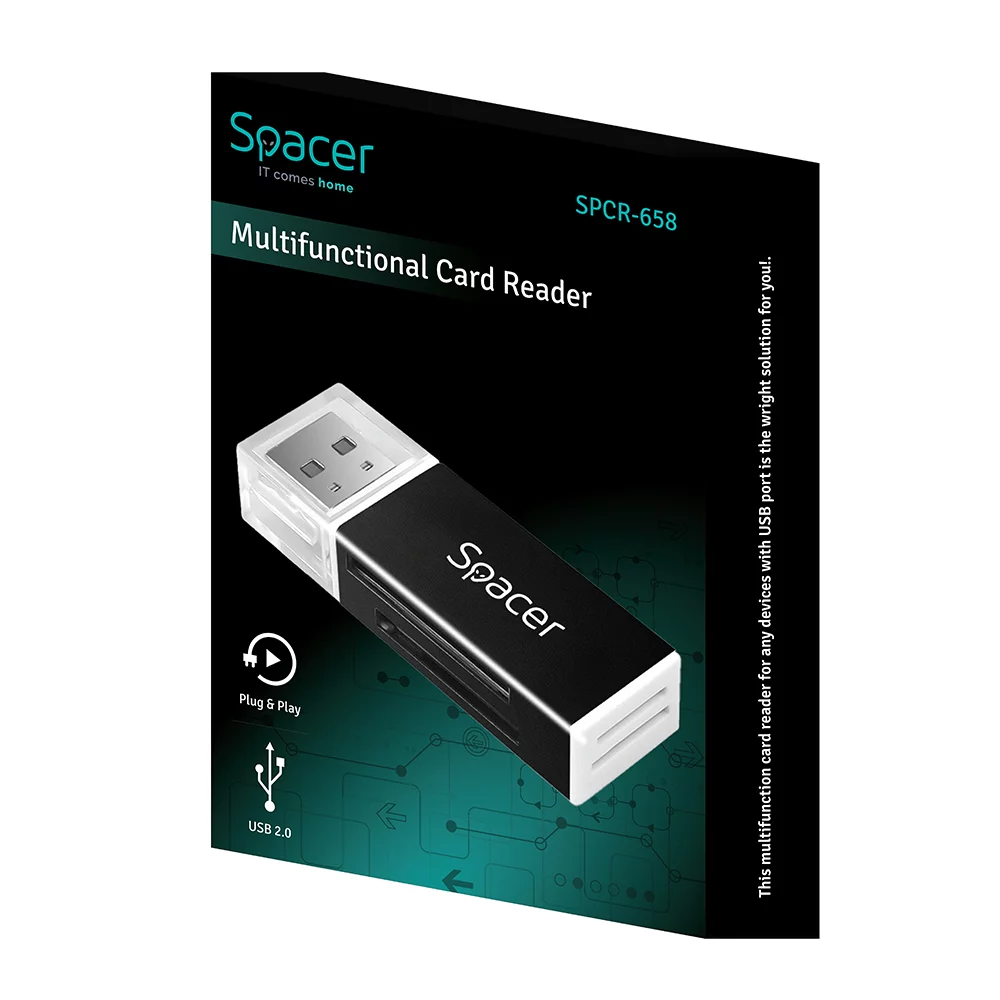 CARD READER extern Spacer SPCR-658 USB 2.0, citire/scriere SD microSD XS SM, plastic negru, lungime compactă [1]