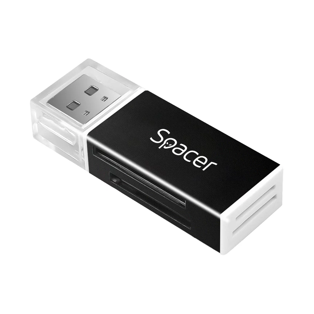 Cititoare de carduri - CARD READER extern Spacer SPCR-658 USB 2.0, citire/scriere SD microSD XS SM, plastic negru, lungime compactă