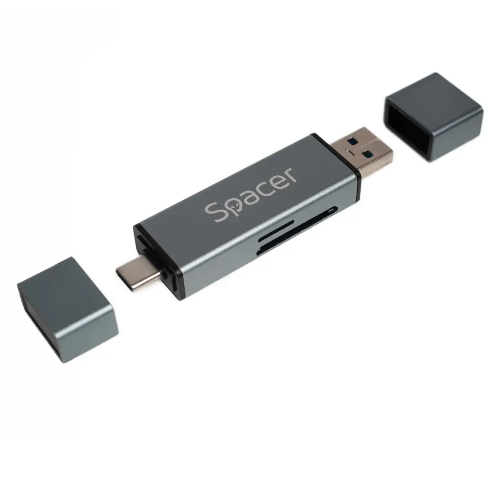 Computer-laptop - CARD READER extern SPACER SPCR-TYPEC-USB-01 4 in 1 USB 2.0 USB Type C - SD micro SD 1x mama USB si Type-C aluminiu
