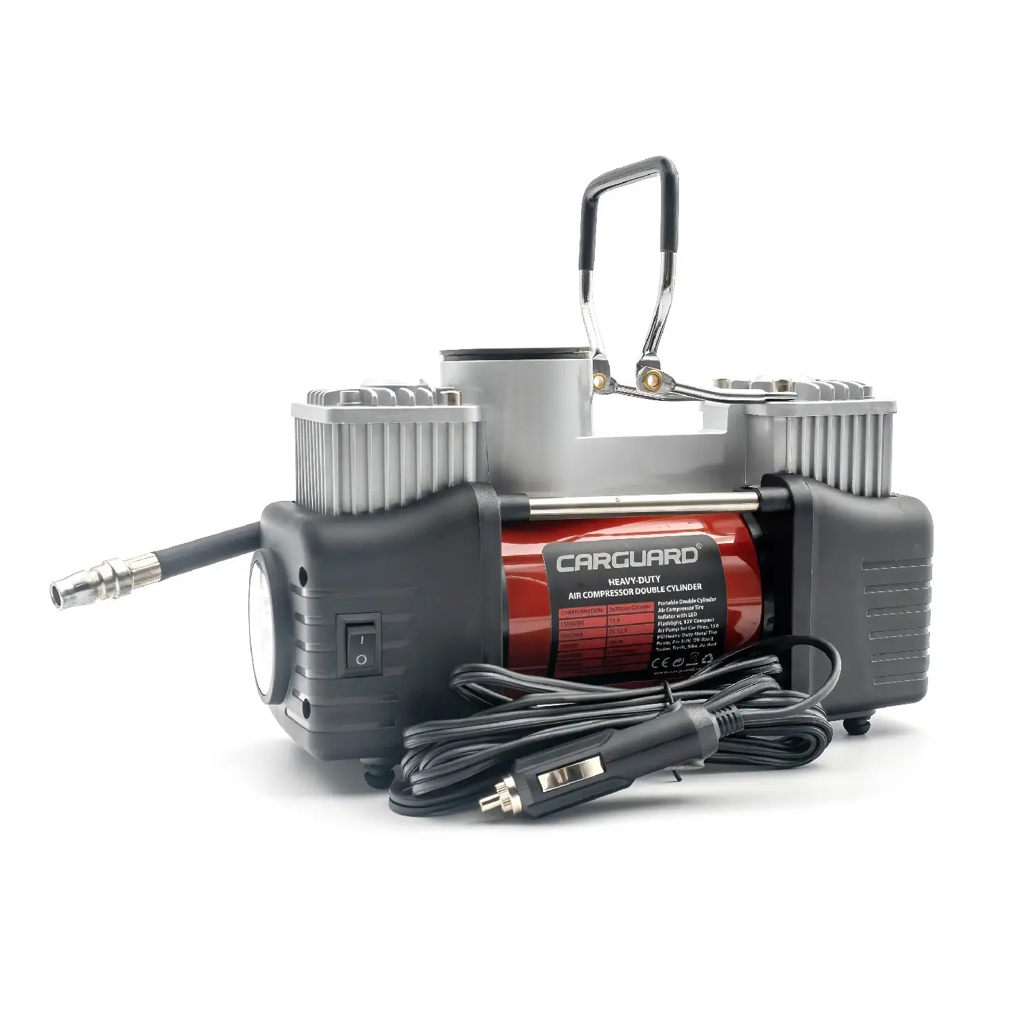 Solutii de intretinere auto - Compresor auto 12V Carguard COM002 Heavy-Duty dublu cilindru 50L/min 150PSI LED + kit reparație anvelope – IoElectronice.ro