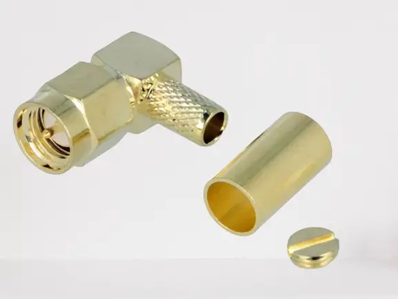 Mufe - Conector SMA mufa tata unghi 90 grade aurit RG58 de crimpat pe cablu H3473A COPPER - IoElectronice.ro