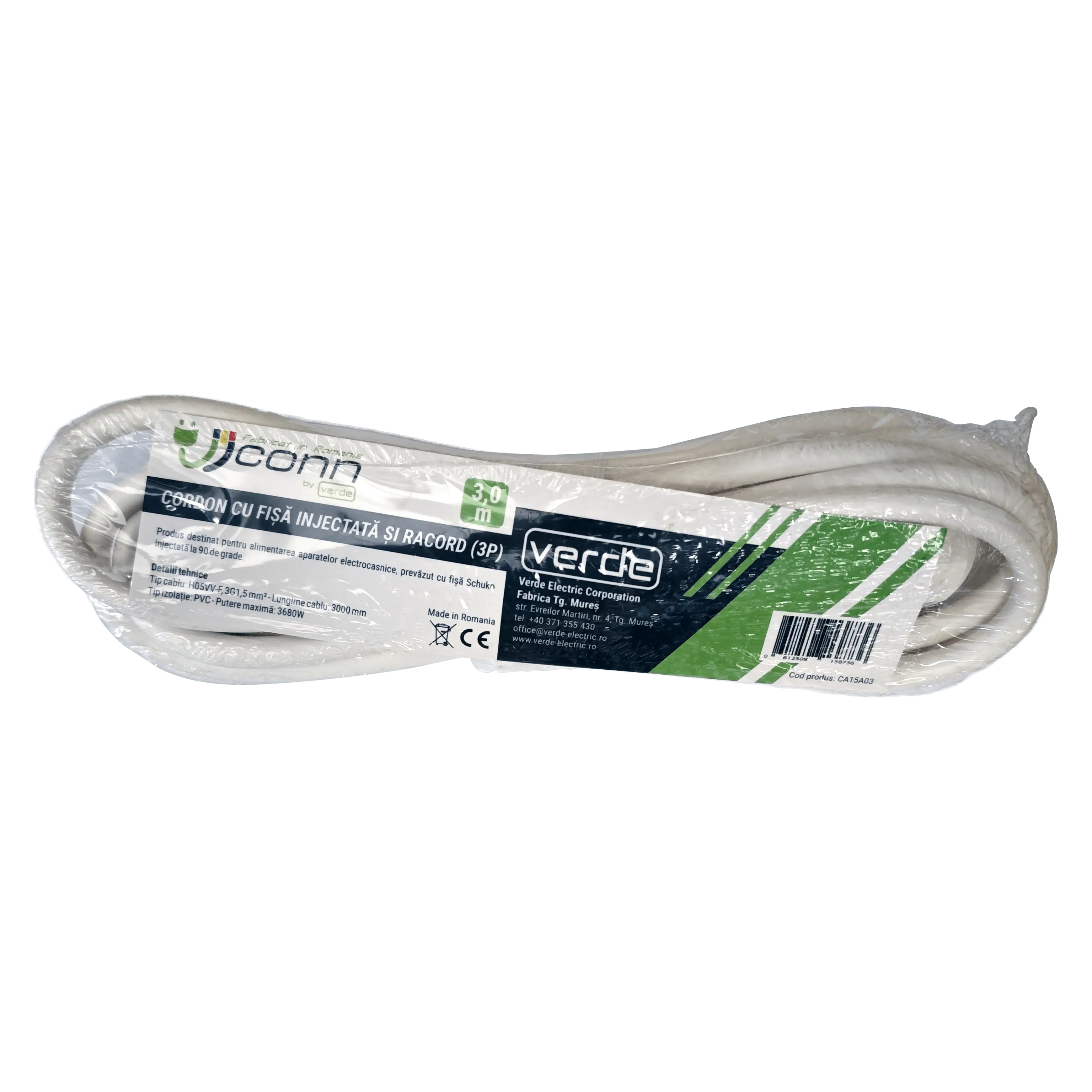 Cordon alimentare Schuko - fire libere 2m alb 16A 3500W 3x1.5mm² cupru 3G1.5 Wconn CA15A02 – IoElectronice.ro [2]