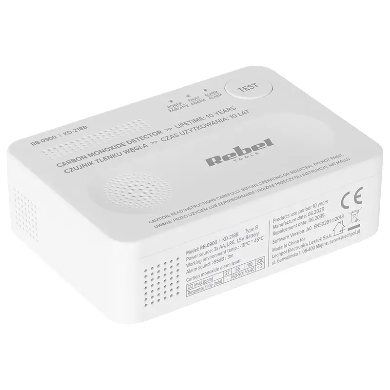 Detector senzor gaz monoxid de carbon REBEL RB-0900, alimentare 3x AA, detecție eficientă, design compact. [1]