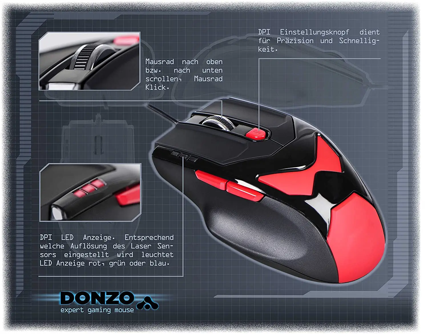 Gaming mouse LASER USB 800-1200-2100-3400DPI 6 butoane 76g cu 4x4.2g greutăți interschimbabile DONZO DO959-BL [5]