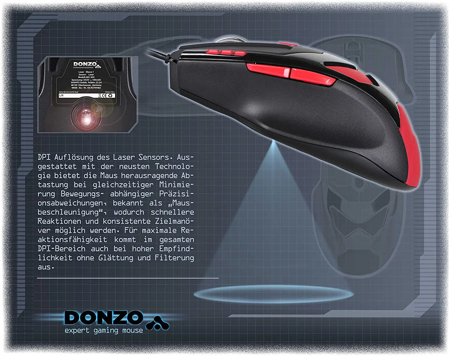 Gaming mouse LASER USB 800-1200-2100-3400DPI 6 butoane 76g cu 4x4.2g greutăți interschimbabile DONZO DO959-BL [6]