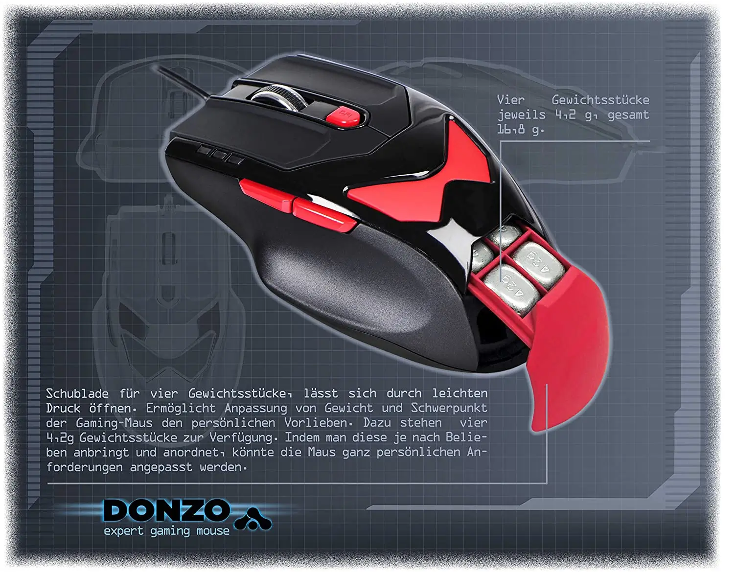 Gaming mouse LASER USB 800-1200-2100-3400DPI 6 butoane 76g cu 4x4.2g greutăți interschimbabile DONZO DO959-BL [8]